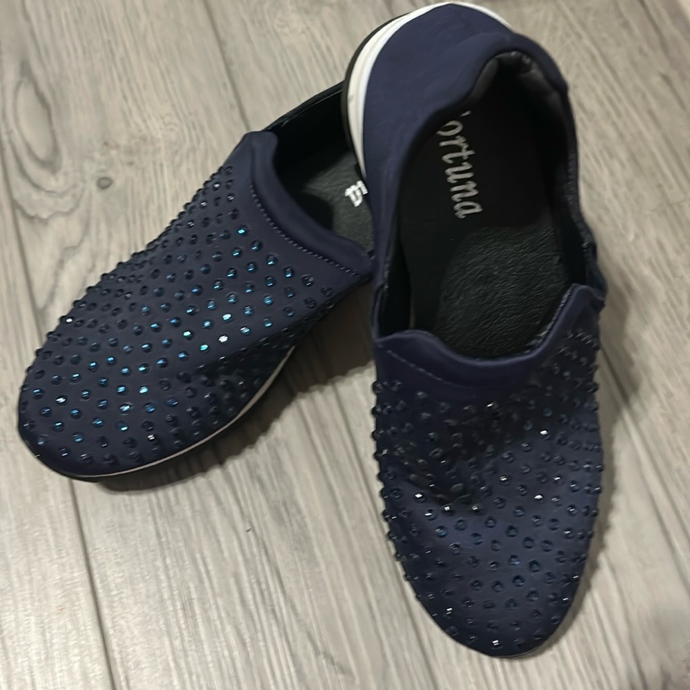 Navy slip on sneakers with blue rhinestones purchased in Italy